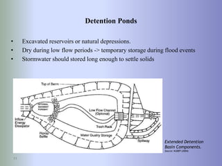 Detention Ponds
• Excavated reservoirs or natural depressions.
• Dry during low flow periods -> temporary storage during flood events
• Stormwater should stored long enough to settle solids
11
Extended Detention
Basin Components.
Source: NJDEP (2004)
 
