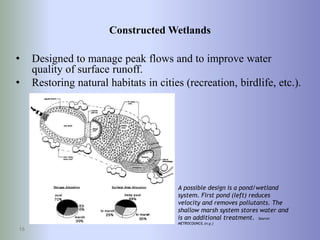 Constructed Wetlands
• Designed to manage peak flows and to improve water
quality of surface runoff.
• Restoring natural habitats in cities (recreation, birdlife, etc.).
16
A possible design is a pond/wetland
system. First pond (left) reduces
velocity and removes pollutants. The
shallow marsh system stores water and
is an additional treatment. Source:
METROCOUNCIL (n.y.)
 