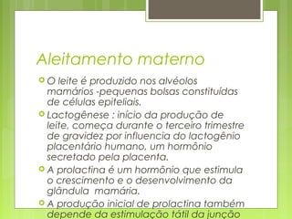Aleitamento materno
 O leite é produzido nos alvéolos
mamários -pequenas bolsas constituídas
de células epiteliais.
 Lactogênese : início da produção de
leite, começa durante o terceiro trimestre
de gravidez por influencia do lactogênio
placentário humano, um hormônio
secretado pela placenta.
 A prolactina é um hormônio que estimula
o crescimento e o desenvolvimento da
glândula mamária.
 A produção inicial de prolactina também
depende da estimulação tátil da junção
 