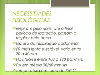 NECESSIDADES
FISIOLÓGICAS
respiram pelo nariz, até o final
período de lactação, passam a
respirar pela boca.
faz uso da respiração abdominal.
FR mais lenta e estável, varia entre
20 a 40rpm.
FC situa-se entre 100 a 120 bat/min.
PA em média 90/60 mmHg
temperatura em torno de 36° C
141
 