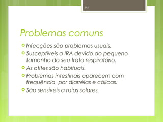 Problemas comuns
 Infecções são problemas usuais.
 Susceptíveis a IRA devido ao pequeno
tamanho do seu trato respiratório.
 As otites são habituais.
 Problemas intestinais aparecem com
frequência por diarréias e cólicas.
 São sensíveis a raios solares.
145
 
