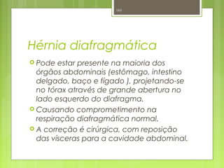 Hérnia diafragmática
 Pode estar presente na maioria dos
órgãos abdominais (estômago, intestino
delgado, baço e fígado ), projetando-se
no tórax através de grande abertura no
lado esquerdo do diafragma.
 Causando comprometimento na
respiração diafragmática normal.
 A correção é cirúrgica, com reposição
das vísceras para a cavidade abdominal.
163
 