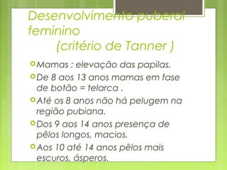 Desenvolvimento puberal
feminino
(critério de Tanner )
Mamas : elevação das papilas.
De 8 aos 13 anos mamas em fase
de botão = telarca .
Até os 8 anos não há pelugem na
região pubiana.
Dos 9 aos 14 anos presença de
pêlos longos, macios.
Aos 10 até 14 anos pêlos mais
escuros, ásperos.
 