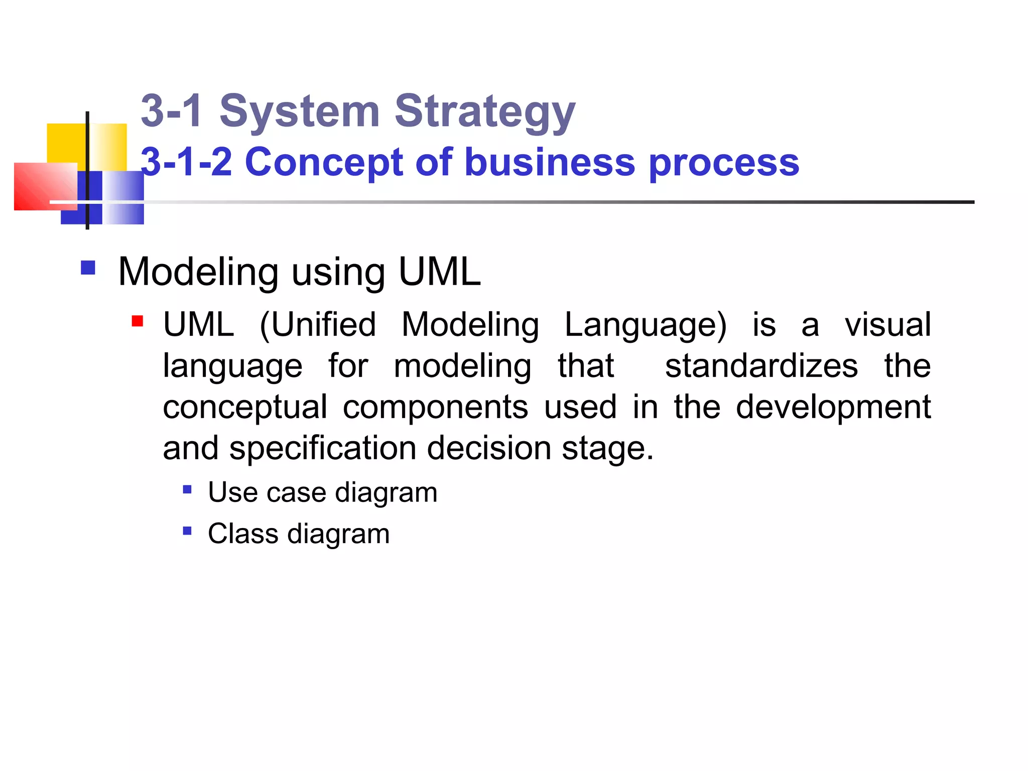 3-1 System Strategy
     3-1-2 Concept of business process

   Modeling using UML
       UML (Unified Modeling Language) is a visual
        language for modeling that standardizes the
        conceptual components used in the development
        and specification decision stage.
         
             Use case diagram
         
             Class diagram
 