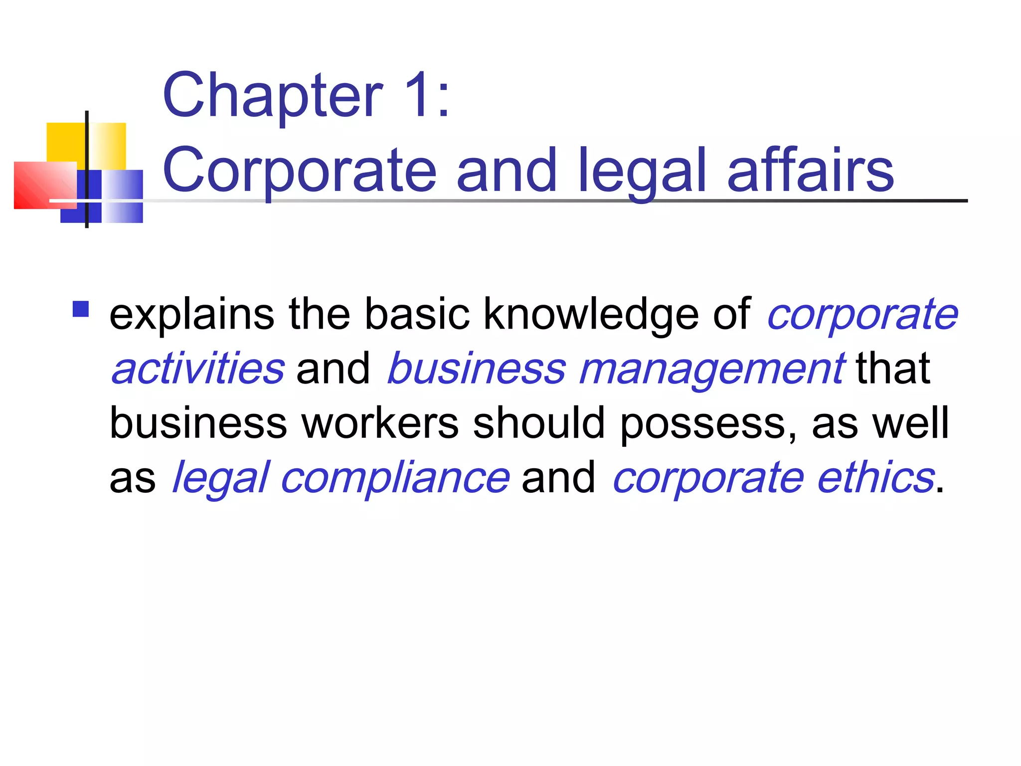 Chapter 1:
      Corporate and legal affairs

   explains the basic knowledge of corporate
    activities and business management that
    business workers should possess, as well
    as legal compliance and corporate ethics.
 
