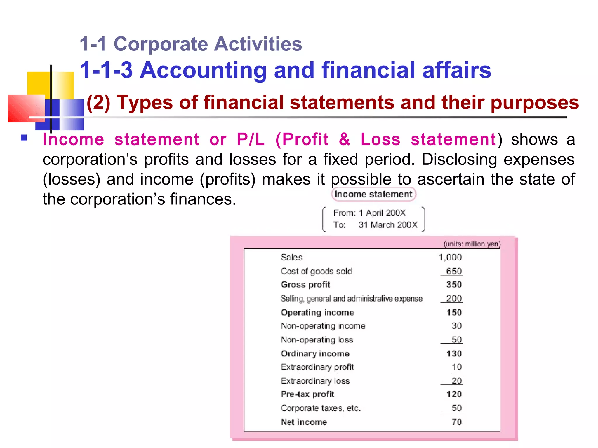 1-1 Corporate Activities
        1-1-3 Accounting and financial affairs
          (2) Types of financial statements and their purposes
   Income statement or P/L (Profit & Loss statement ) shows a
    corporation’s profits and losses for a fixed period. Disclosing expenses
    (losses) and income (profits) makes it possible to ascertain the state of
    the corporation’s finances.
 
