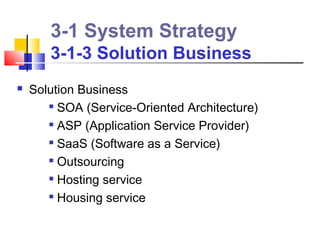 3-1 System Strategy
       3-1-3 Solution Business
   Solution Business
        SOA (Service-Oriented Architecture)

        ASP (Application Service Provider)

       
         SaaS (Software as a Service)
        Outsourcing

        Hosting service

       
         Housing service
 
