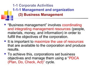 1-1 Corporate Activities
       1-1-1 Management and organization
          (3) Business Management

   “Business management” involves coordinating
    and integrating management resources (people,
    materials, money, and information) in order to
    fulfill the objectives of the corporation.
   It is important to maximize the use of resources
    that are available to the corporation and produce
    results.
   To achieve this, corporations set business
    objectives and manage them using a “PDCA
    (Plan, Do, Check, Act)” cycle.
 