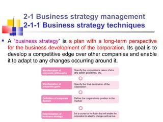 2-1 Business strategy management
          2-1-1 Business strategy techniques
   A “business strategy” is a plan with a long-term perspective
    for the business development of the corporation. Its goal is to
    develop a competitive edge over other companies and enable
    it to adapt to any changes occurring around it.
 