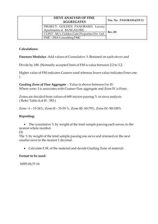 Calculations:
Fineness Modulus: Add values of Cumulative % Retained on each sieves and
Divide by 100. (Normally accepted limit of FM is value between 2.2 to 3.2.
Higher value of FM indicates Coarser sand whereas lesser value indicates Finer one.
)
Grading Zone of Fine Aggregate – Value is shown between I to IV.
Where zone- I is associates with Coarser Fine aggregate and Zone IV is Finer.
Zones are decided from values of 600 micron passing % in sieve analysis.
( Refer Table-4 of IS : 383 )
Zone –I – 15-34%, Zone-II – 35-59 %, Zone-III- 60-79%, Zone-IV- 80-100%
Reporting:
 The cumulative % by weight of the total sample passing each sieves, to the
nearest whole number.
Or
The % by weight of the total sample passing one sieve and retained on the next
smaller sieve to the nearest 1 decimal.
 Calculate F.M. of the material and decide Grading Zone of material.
Format to be used:
N005-06/F-14
SIEVE ANALYSIS OF FINE
AGGREGATES
Doc. No. PANORAMA/TP-11
PROJECT: GOLDEN PANORAMA Luxury
Apartments at BANGALORE.
Rev.-00
CLINT : M/s. Golden Gate Properties Pvt. Ltd.
PMC : FBA Consulting PMC
 