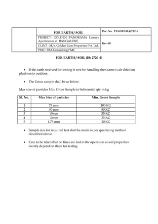 FOR EARTH / SOIL
Doc. No. PANORAMA/TP-16
PROJECT: GOLDEN PANORAMA Luxury
Apartments at BANGALORE.
Rev.-00
CLINT : M/s. Golden Gate Properties Pvt. Ltd.
PMC : FBA Consulting PMC
FOR EARTH / SOIL (IS: 2720 -I)
 If the earth received for testing is wet for handling then same is air dried on
platform in outdoor.
 The Gross sample shall be as below:
Max size of particles Min. Gross Sample in Substantial qty in kg
Sl. No. Max Size of particles Min. Gross Sample
1 75 mm 100 KG
2 40 mm 80 KG
3 19mm 35 KG
4 10mm 25 KG
5 4.75 mm 20 KG
 Sample size for required test shall be made as per quartering method
described above.
 Care to be taken that no fines are lost in the operation as soil properties
mostly depend on them for testing.
 