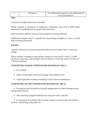 5 51 & above 4+1 additional sample for each additional 50
m3 or part thereof.
Note:
At least one sample taken from each shift.
Where concrete is produced at continuous production unit such as RMC plant,
frequency of sampling may be agreed upon mutually.
Three specimens shall be made for each sample for testing at 28 days.
Additional samples may be required for determining strength at 7 days or at the
time of striking formwork.
Remarks :
Sample* means qty of concrete required to fill one set of cubes ( 3nos / 6 nos ) for
testing.
Hence number of sample is equivalent to number of cube sets (3 / 6 nos.). 3 cubes
are drawn when only cube testing is done at 28 days. 6 cubes are drawn for tests at 7
/ 28 days required.
CONCRETING IN HIGH TEMPERATURE REGIONS (IS: 7861-1)
 Ice is added
 Water Cement Ratio should not change with addition of Ice
 Adjust Quantity of water accordingly to the volume of melting ice
CONCRETING IN LOW TEMPERATURE REGIONS (IS: 7861-2)
 Precautions must be taken to keep the temperature in control during mixing
and placing Concrete.
 The commonly adopted method is by using hot water upto 60 C .
 In extreme frost conditions the concrete surface is covered with dry blankets
of straw, cement bags, tarpaulins etc.
 