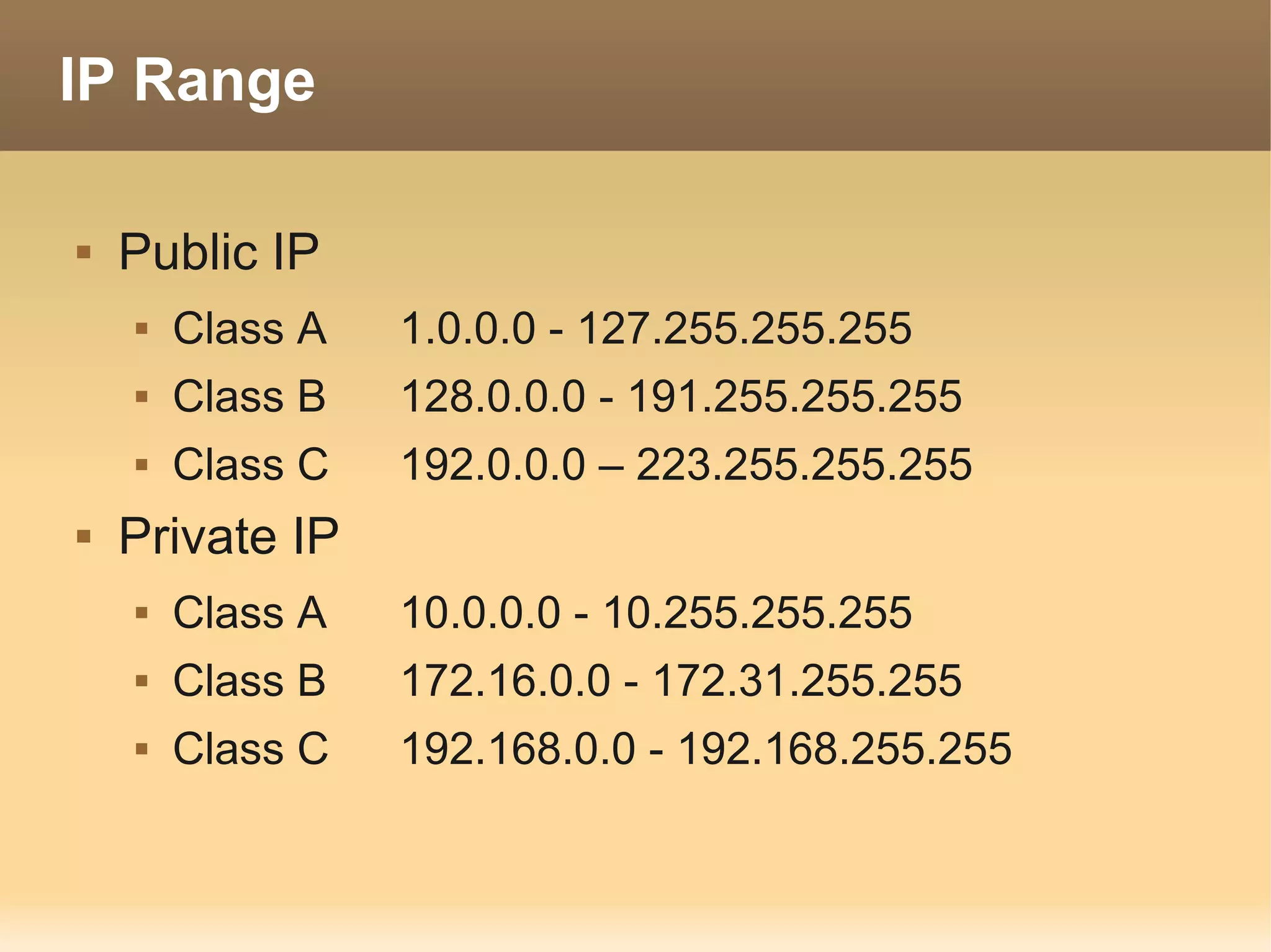 IP Range

   Public IP
       Class A   1.0.0.0 - 127.255.255.255
       Class B   128.0.0.0 - 191.255.255.255
       Class C   192.0.0.0 – 223.255.255.255
   Private IP
       Class A   10.0.0.0 - 10.255.255.255
       Class B   172.16.0.0 - 172.31.255.255
       Class C   192.168.0.0 - 192.168.255.255
 