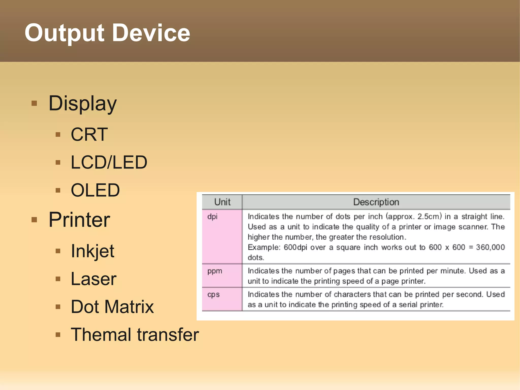 Output Device

   Display
       CRT
       LCD/LED
       OLED
   Printer
       Inkjet
       Laser
       Dot Matrix
       Themal transfer
 