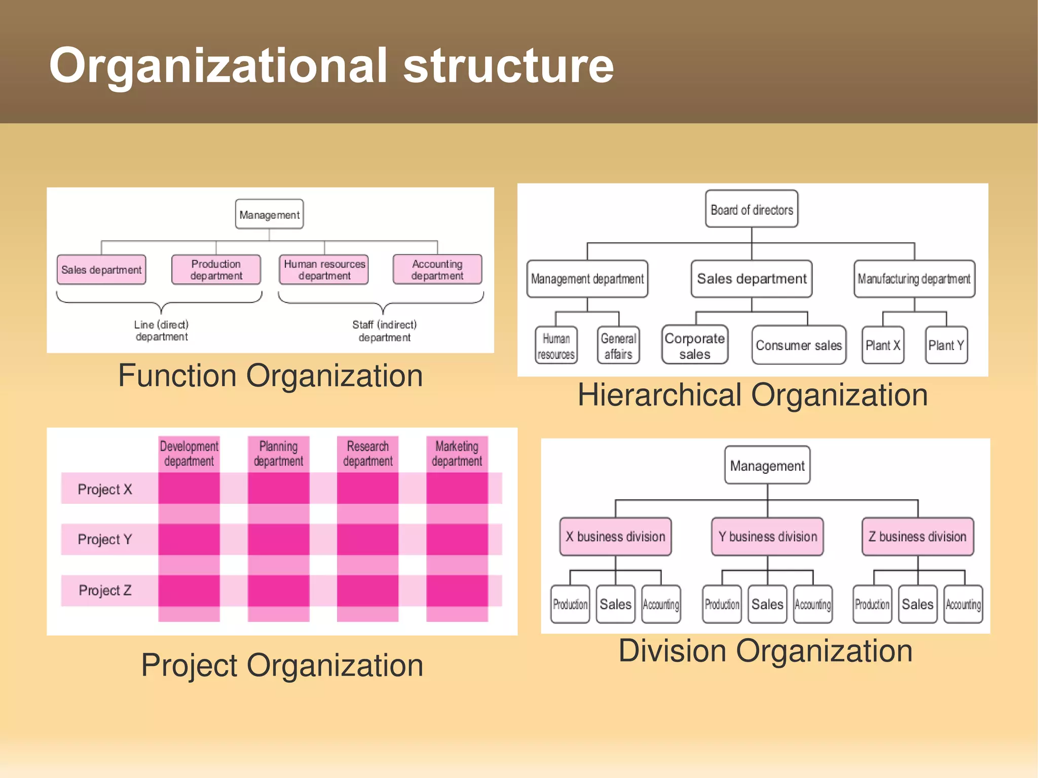 Organizational structure




  Function Organization
                          Hierarchical Organization




   Project Organization     Division Organization
 