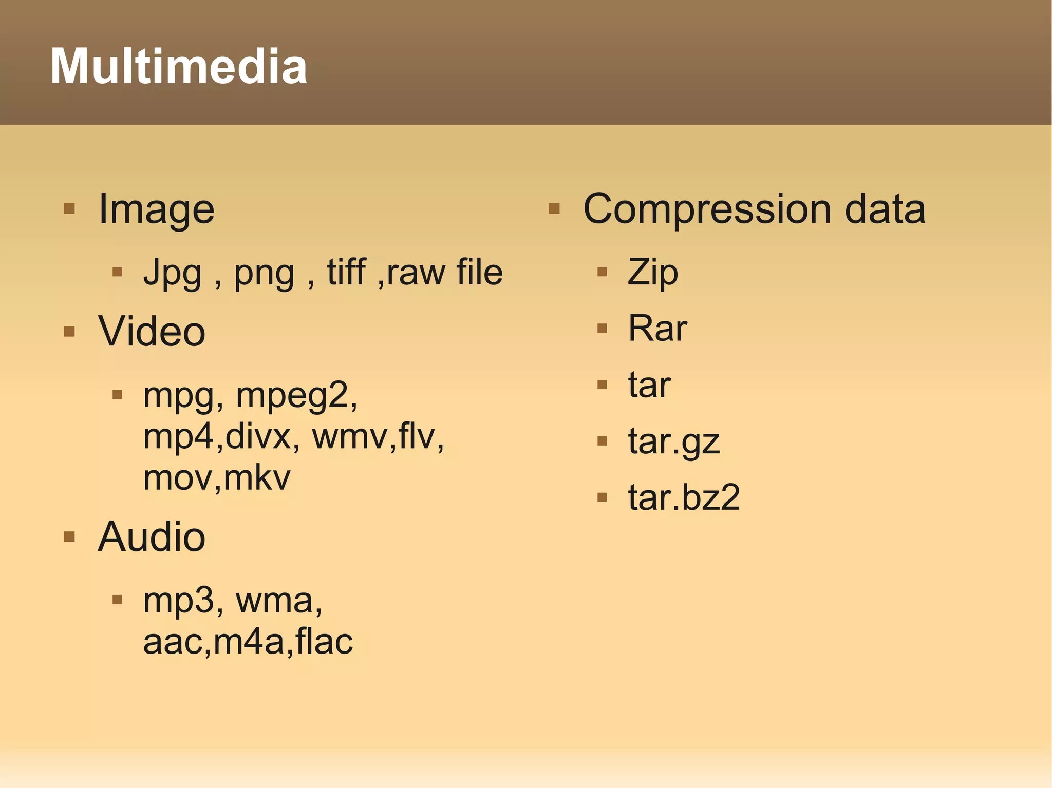 Multimedia

   Image                               Compression data
       Jpg , png , tiff ,raw file          Zip
   Video                                   Rar
       mpg, mpeg2,                         tar
        mp4,divx, wmv,flv,                  tar.gz
        mov,mkv                             tar.bz2
   Audio
       mp3, wma,
        aac,m4a,flac
 