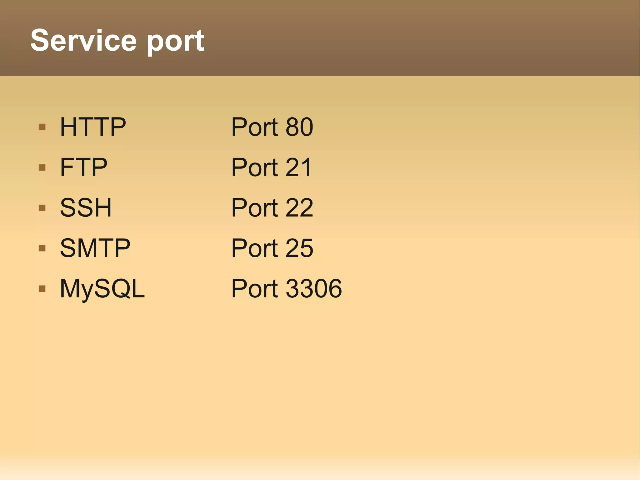 Service port

   HTTP       Port 80
   FTP        Port 21
   SSH        Port 22
   SMTP       Port 25
   MySQL      Port 3306
 