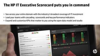 The HP IT Executive Scorecard puts you in command

    • See across your entire domain with the industry’s broadest coverage of IT investment
    • Lead your teams with cascading scorecards and key performance indicators
    • Expand and customize KPIs that matter to you using the open data model and studio




    14   © Copyright 2012 Hewlett-Packard Development Company, L.P. The information contained herein is subject to change without notice.

1
 