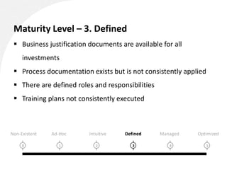 Maturity Level – 3. Defined
  Business justification documents are available for all
     investments
  Process documentation exists but is not consistently applied
  There are defined roles and responsibilities
  Training plans not consistently executed



Non-Existent   Ad-Hoc     Intuitive   Defined     Managed   Optimized

     0           1           2           3           4            5
 