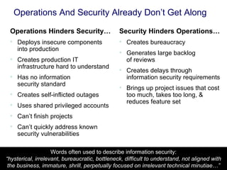 Operations And Security Already Don’t Get Along Operations Hinders Security… Deploys insecure components into production Creates production IT infrastructure hard to understand Has no information  security standard Creates self-inflicted outages Uses shared privileged accounts Can’t finish projects Can’t quickly address known security vulnerabilities Security Hinders Operations… Creates bureaucracy Generates large backlog  of reviews Creates delays through information security requirements  Brings up project issues that cost too much, takes too long, & reduces feature set Words often used to describe information security: “hysterical, irrelevant, bureaucratic, bottleneck, difficult to understand, not aligned with the business, immature, shrill, perpetually focused on irrelevant technical minutiae…” 