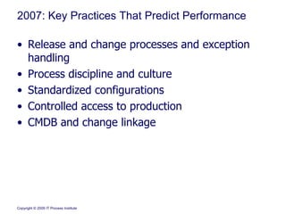 2007: Key Practices That Predict Performance Release and change processes and exception handling Process discipline and culture Standardized configurations Controlled access to production CMDB and change linkage 