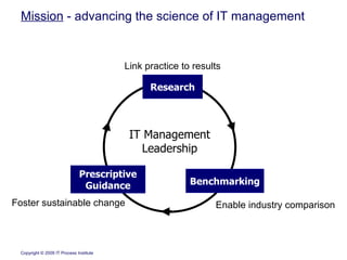Mission  - advancing the science of IT management Research Prescriptive Guidance Benchmarking  IT Management Leadership Foster sustainable change  Enable industry comparison Link practice to results 