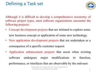 Defining a Task set
Although it is difficult to develop a comprehensive taxonomy of
software project types, most software organizations encounter the
following projects:
• Concept development projects that are initiated to explore some
new business concept or application of some new technology.
• New application development projects that are undertaken as a
consequence of a specific customer request.
• Application enhancement projects that occur when existing
software undergoes major modifications to function,
performance, or interfaces that are observable by the end-user.
PreparedBy: Dr.R. Mohandas,Asst. Prof., Department of
Computer Science &Engineering ,SRMIST. 1
2
 