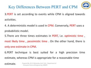 Key Differences Between PERT and CPM
3.PERT is set according to events while CPM is aligned towards
activities.
4. A deterministic model is used in CPM. Conversely, PERT uses a
probabilistic model.
5.There are three times estimates in PERT, i.e. optimistic time ,
most likely time , pessimistic time . On the other hand, there is
only one estimate in CPM.
6.PERT technique is best suited for a high precision time
estimate, whereas CPM is appropriate for a reasonable time
estimate. Prepared By: Dr.R. Mohandas,Asst. Prof., Department of
Computer Science &Engineering ,SRMIST.
 