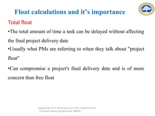 Float calculations and it’s importance
Total float
•The total amount of time a task can be delayed without affecting
the final project delivery date
•Usually what PMs are referring to when they talk about "project
float"
•Can compromise a project's final delivery date and is of more
concern than free float
Prepared By: Dr.R. Mohandas,Asst. Prof., Department of
Computer Science &Engineering ,SRMIST.
 