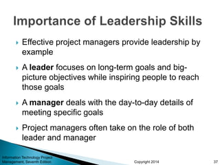 Copyright 2014
 Effective project managers provide leadership by
example
 A leader focuses on long-term goals and big-
picture objectives while inspiring people to reach
those goals
 A manager deals with the day-to-day details of
meeting specific goals
 Project managers often take on the role of both
leader and manager
Information Technology Project
Management, Seventh Edition 37
 