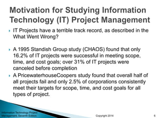 Copyright 2014
 IT Projects have a terrible track record, as described in the
What Went Wrong?
 A 1995 Standish Group study (CHAOS) found that only
16.2% of IT projects were successful in meeting scope,
time, and cost goals; over 31% of IT projects were
canceled before completion
 A PricewaterhouseCoopers study found that overall half of
all projects fail and only 2.5% of corporations consistently
meet their targets for scope, time, and cost goals for all
types of project.
Information Technology Project
Management, Seventh Edition 6
 