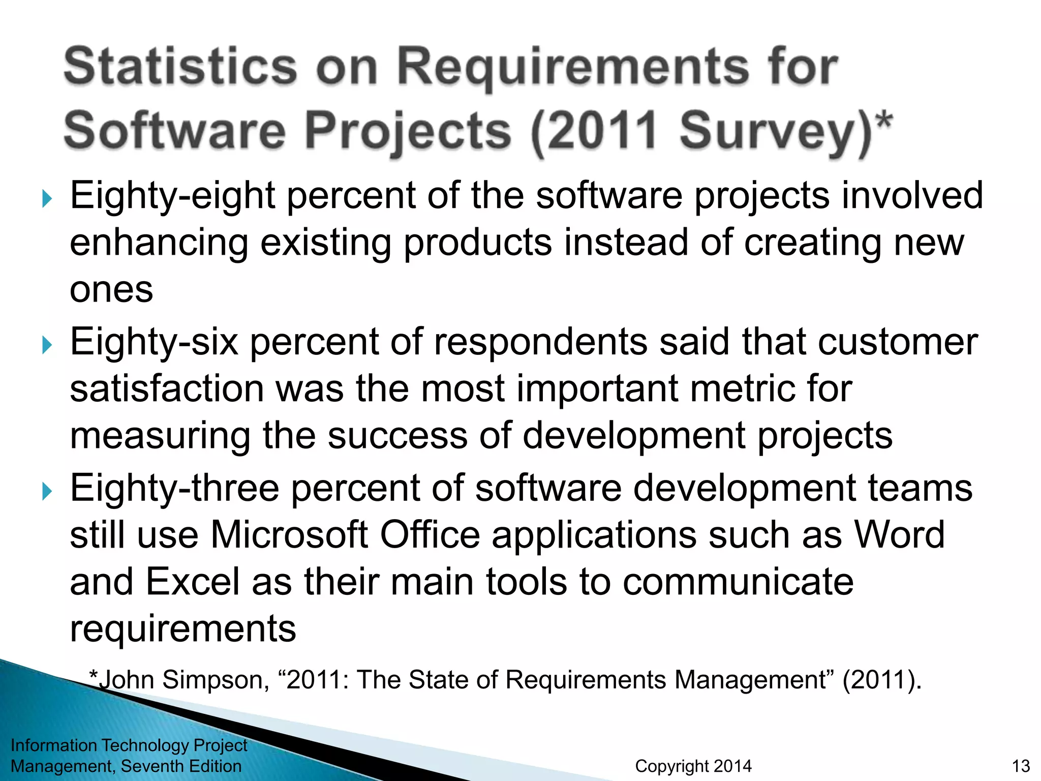 Copyright 2014
 Eighty-eight percent of the software projects involved
enhancing existing products instead of creating new
ones
 Eighty-six percent of respondents said that customer
satisfaction was the most important metric for
measuring the success of development projects
 Eighty-three percent of software development teams
still use Microsoft Office applications such as Word
and Excel as their main tools to communicate
requirements
Information Technology Project
Management, Seventh Edition 13
*John Simpson, “2011: The State of Requirements Management” (2011).
 