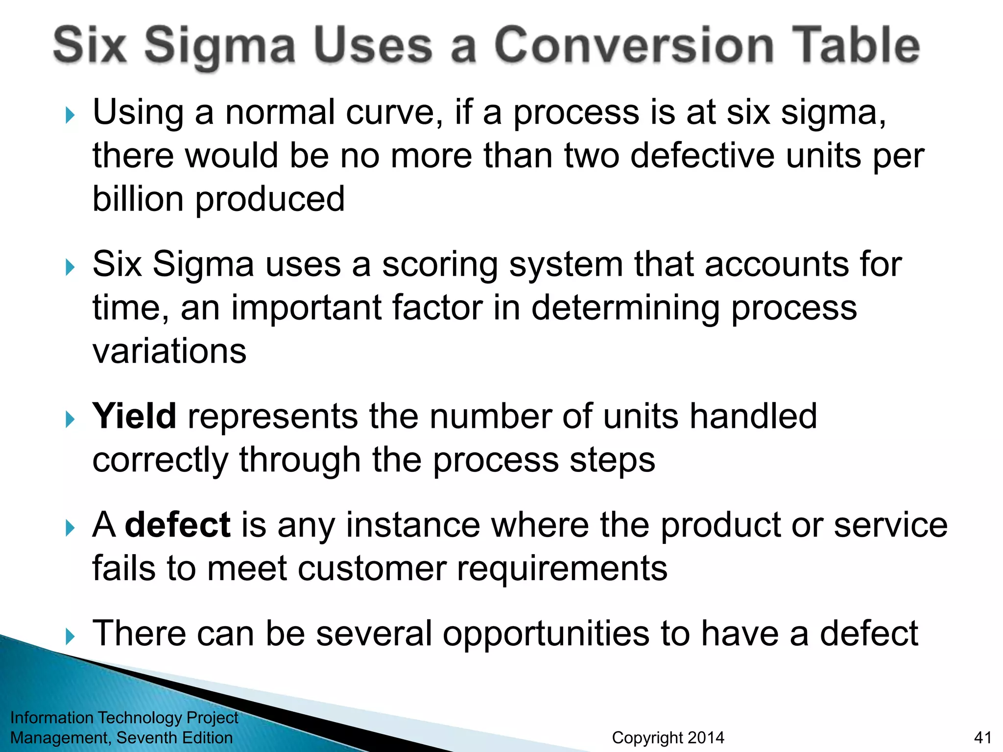 Copyright 2014
 Using a normal curve, if a process is at six sigma,
there would be no more than two defective units per
billion produced
 Six Sigma uses a scoring system that accounts for
time, an important factor in determining process
variations
 Yield represents the number of units handled
correctly through the process steps
 A defect is any instance where the product or service
fails to meet customer requirements
 There can be several opportunities to have a defect
Information Technology Project
Management, Seventh Edition 41
 
