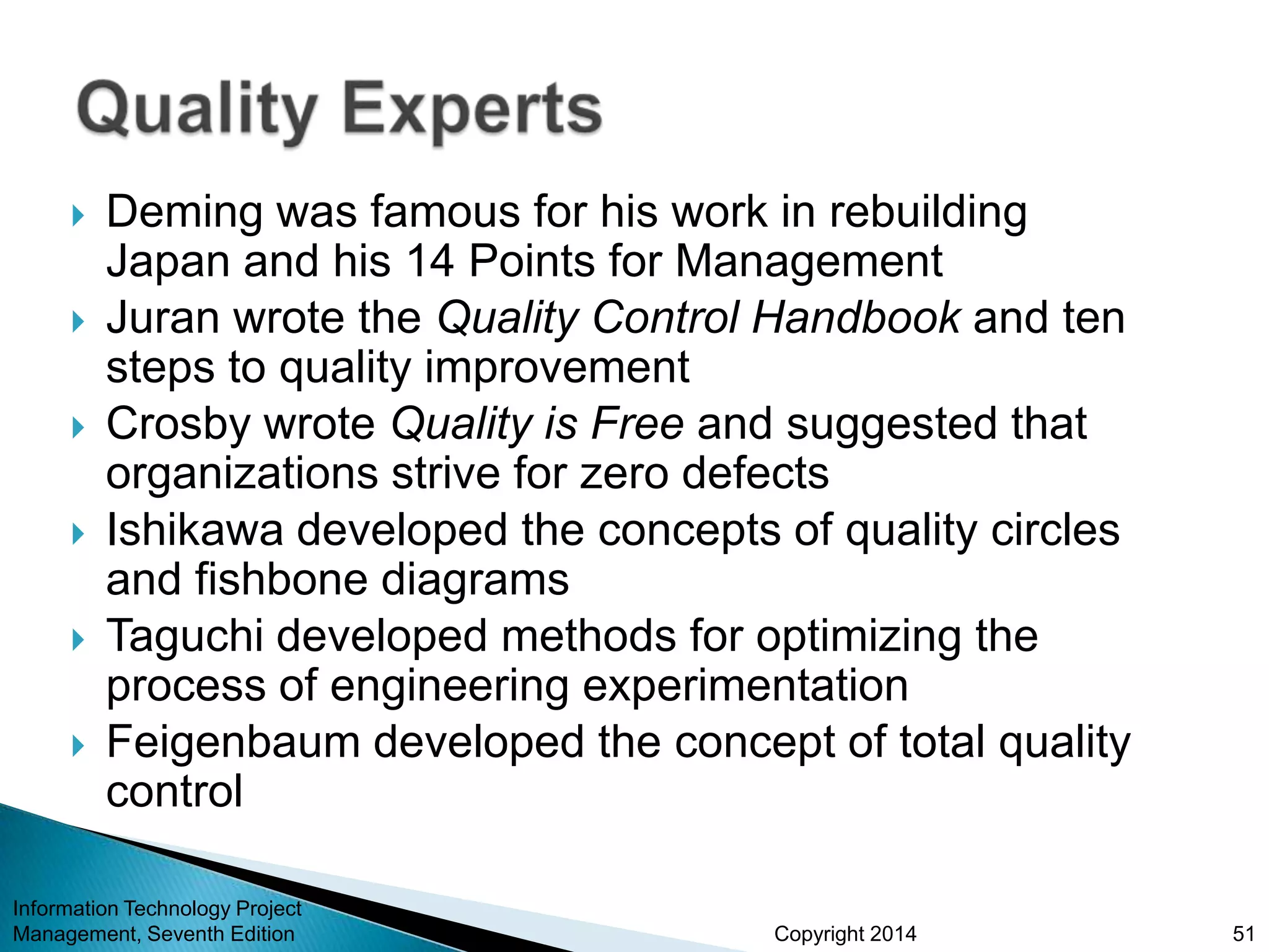 Copyright 2014
 Deming was famous for his work in rebuilding
Japan and his 14 Points for Management
 Juran wrote the Quality Control Handbook and ten
steps to quality improvement
 Crosby wrote Quality is Free and suggested that
organizations strive for zero defects
 Ishikawa developed the concepts of quality circles
and fishbone diagrams
 Taguchi developed methods for optimizing the
process of engineering experimentation
 Feigenbaum developed the concept of total quality
control
Information Technology Project
Management, Seventh Edition 51
 