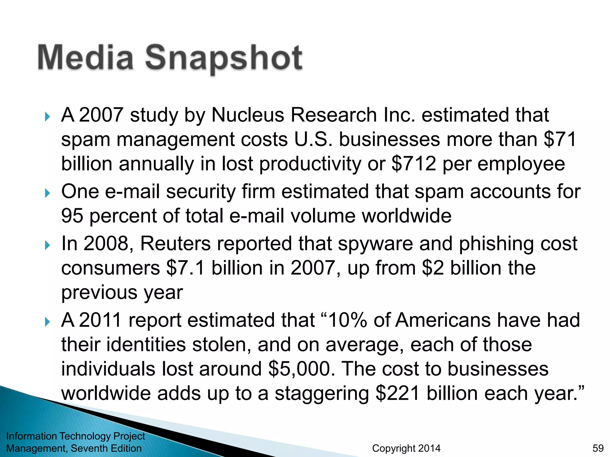 Copyright 2014
 A 2007 study by Nucleus Research Inc. estimated that
spam management costs U.S. businesses more than $71
billion annually in lost productivity or $712 per employee
 One e-mail security firm estimated that spam accounts for
95 percent of total e-mail volume worldwide
 In 2008, Reuters reported that spyware and phishing cost
consumers $7.1 billion in 2007, up from $2 billion the
previous year
 A 2011 report estimated that “10% of Americans have had
their identities stolen, and on average, each of those
individuals lost around $5,000. The cost to businesses
worldwide adds up to a staggering $221 billion each year.”
Information Technology Project
Management, Seventh Edition 59
 