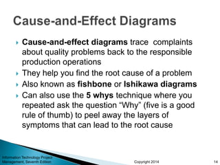 Copyright 2014
 Cause-and-effect diagrams trace complaints
about quality problems back to the responsible
production operations
 They help you find the root cause of a problem
 Also known as fishbone or Ishikawa diagrams
 Can also use the 5 whys technique where you
repeated ask the question “Why” (five is a good
rule of thumb) to peel away the layers of
symptoms that can lead to the root cause
Information Technology Project
Management, Seventh Edition 14
 