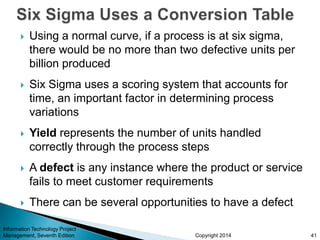 Copyright 2014
 Using a normal curve, if a process is at six sigma,
there would be no more than two defective units per
billion produced
 Six Sigma uses a scoring system that accounts for
time, an important factor in determining process
variations
 Yield represents the number of units handled
correctly through the process steps
 A defect is any instance where the product or service
fails to meet customer requirements
 There can be several opportunities to have a defect
Information Technology Project
Management, Seventh Edition 41
 