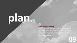 plan. Plan for Operations
The IT PMO must secure adequate internal resources
to provide useful tools and services for its customers.
These resources include the management of staff,
finances, procurement, and schedules, as well as other
operational activities.
09
 