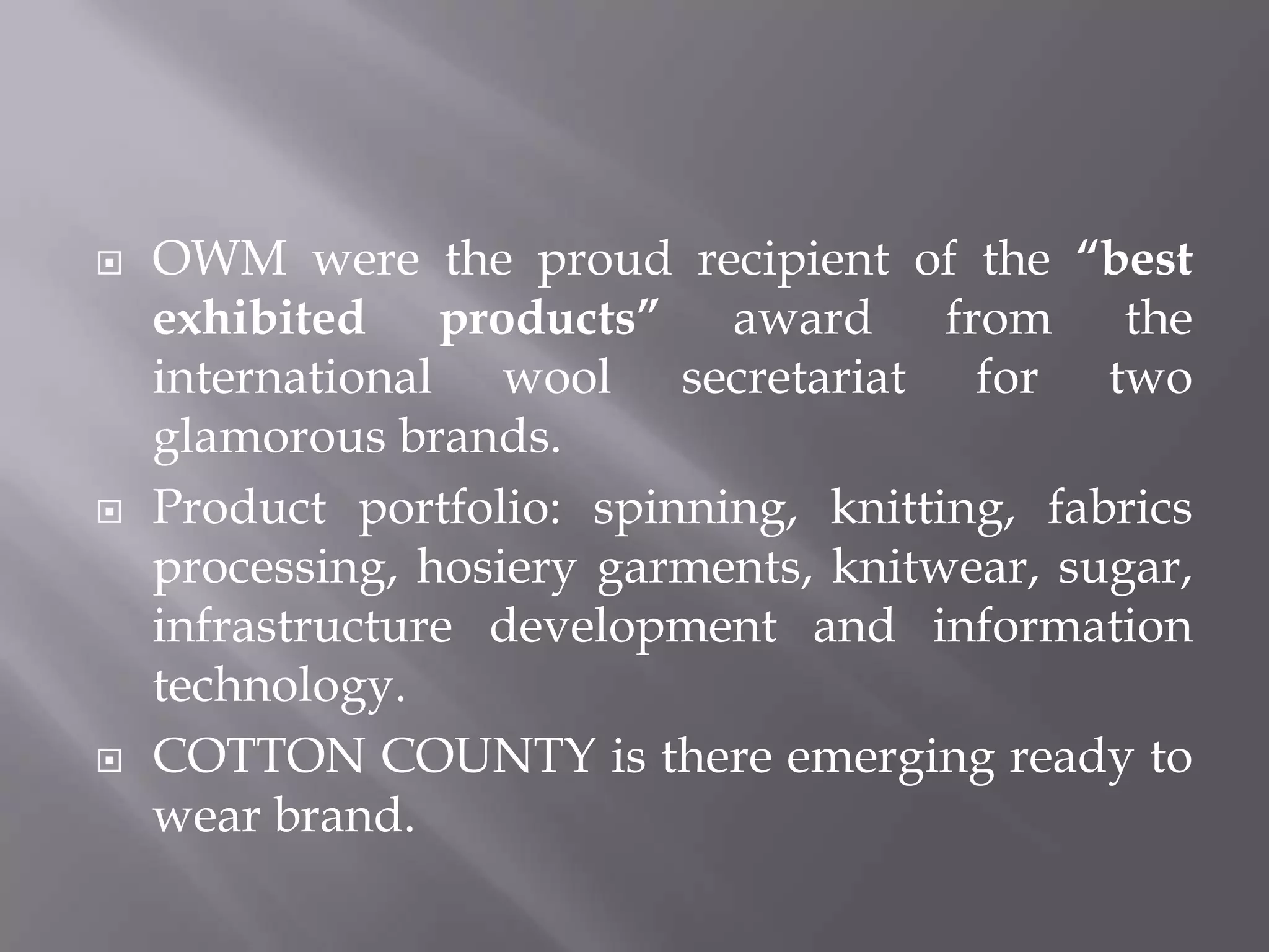  It is engaged in manufacturing of all type of cotton, acrylic and blended yarns, as well as knitted fabrics and garmentsNAHAR INDUSTRIAL ENTERPRISES LTD.This company was incorporated in September 1983