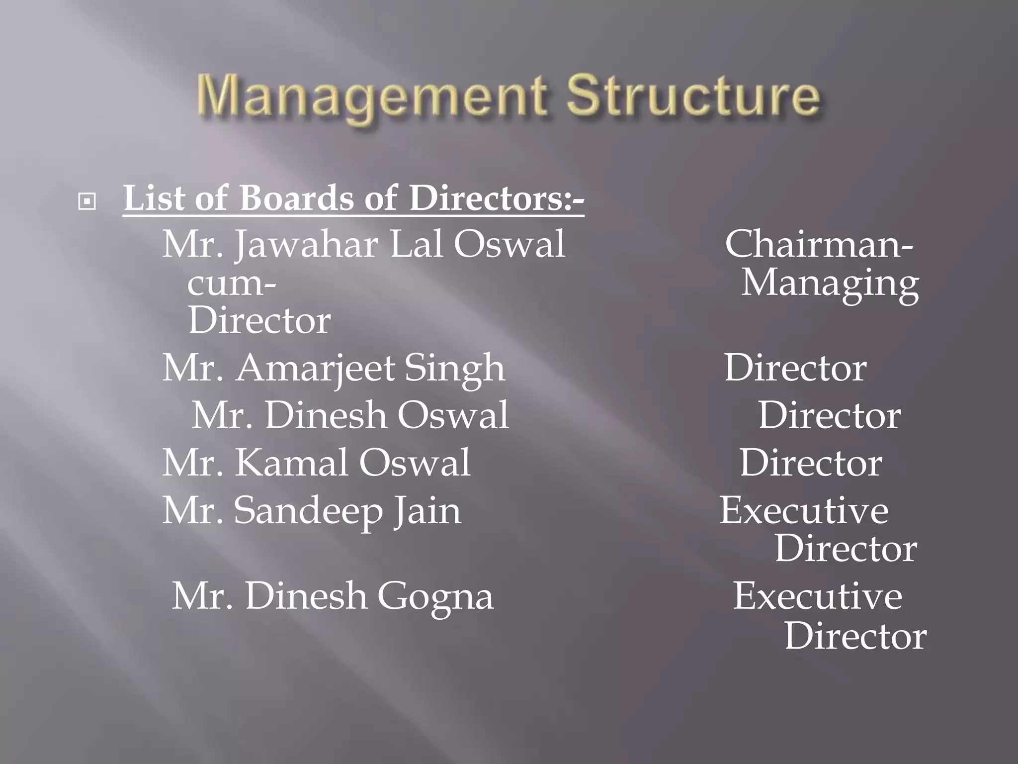 OSWAL WOOLLEN MILLS LIMITEDConstitution:-         Public Ltd. CompanyYear Of  Establishment:-          1949Locations:- Registered office:- G.T. Road, Sherpur, Ludhiana. 141003 Punjab (India) 