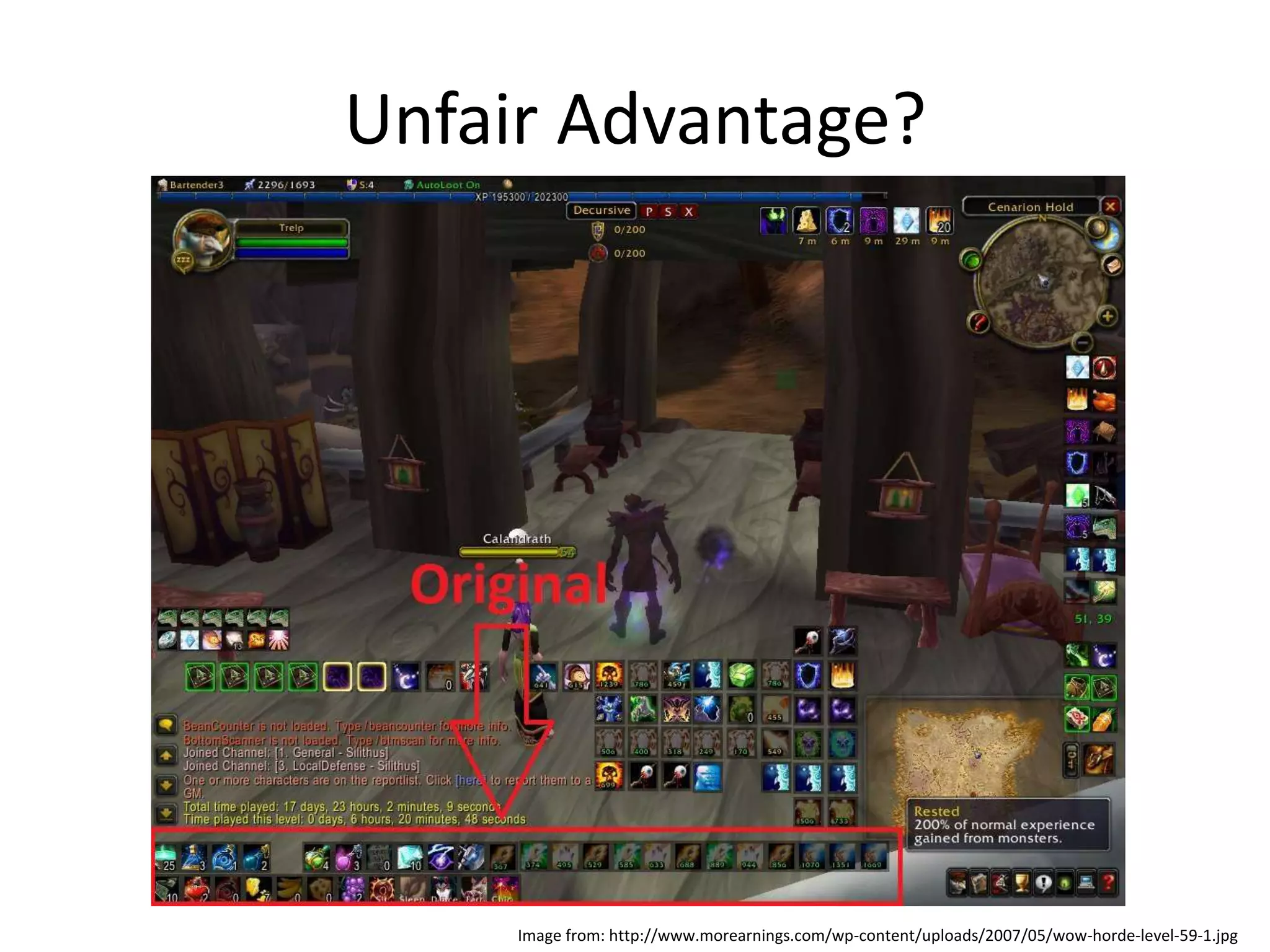 Unfair Advantage?Image from: http://www.morearnings.com/wp-content/uploads/2007/05/wow-horde-level-59-1.jpg