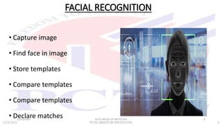 FACIAL RECOGNITION
• Capture image
• Find face in image
• Store templates
• Compare templates
• Compare templates
• Declar...
