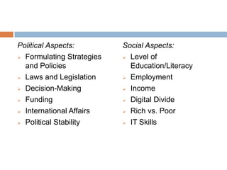 Political Aspects:
 Formulating Strategies
and Policies
 Laws and Legislation
 Decision-Making
 Funding
 International Affairs
 Political Stability
Social Aspects:
 Level of
Education/Literacy
 Employment
 Income
 Digital Divide
 Rich vs. Poor
 IT Skills
 