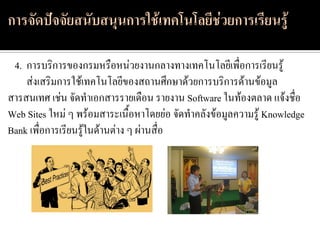 4. การบริการของกรมหรือหน่วยงานกลางทางเทคโนโลยีเพื่อการเรียนรู้
    ส่งเสริมการใช้เทคโนโลยีของสถานศึกษาด้วยการบริการด้านข้อมูล
สารสนเทศ เช่น จัดทาเอกสารรายเดือน รายงาน Software ในท้องตลาด แจ้งชื่อ
Web Sites ใหม่ ๆ พร้อมสาระเนื้อหาโดยย่อ จัดทาคลังข้อมูลความรู้ Knowledge
Bank เพื่อการเรียนรู้ในด้านต่าง ๆ ผ่านสื่อ
 