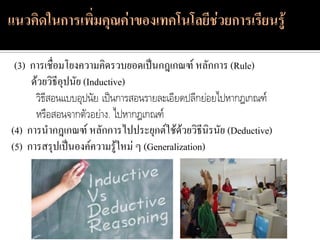 (3) การเชื่อมโยงความคิดรวบยอดเป็นกฎเกณฑ์ หลักการ (Rule)
     ด้วยวิธีอุปนัย (Inductive)
      วิธีสอนแบบอุปนัย เป็นการสอนรายละเอียดปลีกย่อยไปหากฎเกณฑ์
      หรือสอนจากตัวอย่าง. ไปหากฎเกณฑ์
(4) การนากฎเกณฑ์ หลักการไปประยุกต์ใช้ด้วยวิธีนิรนัย (Deductive)
(5) การสรุปเป็นองค์ความรู้ใหม่ ๆ (Generalization)
 