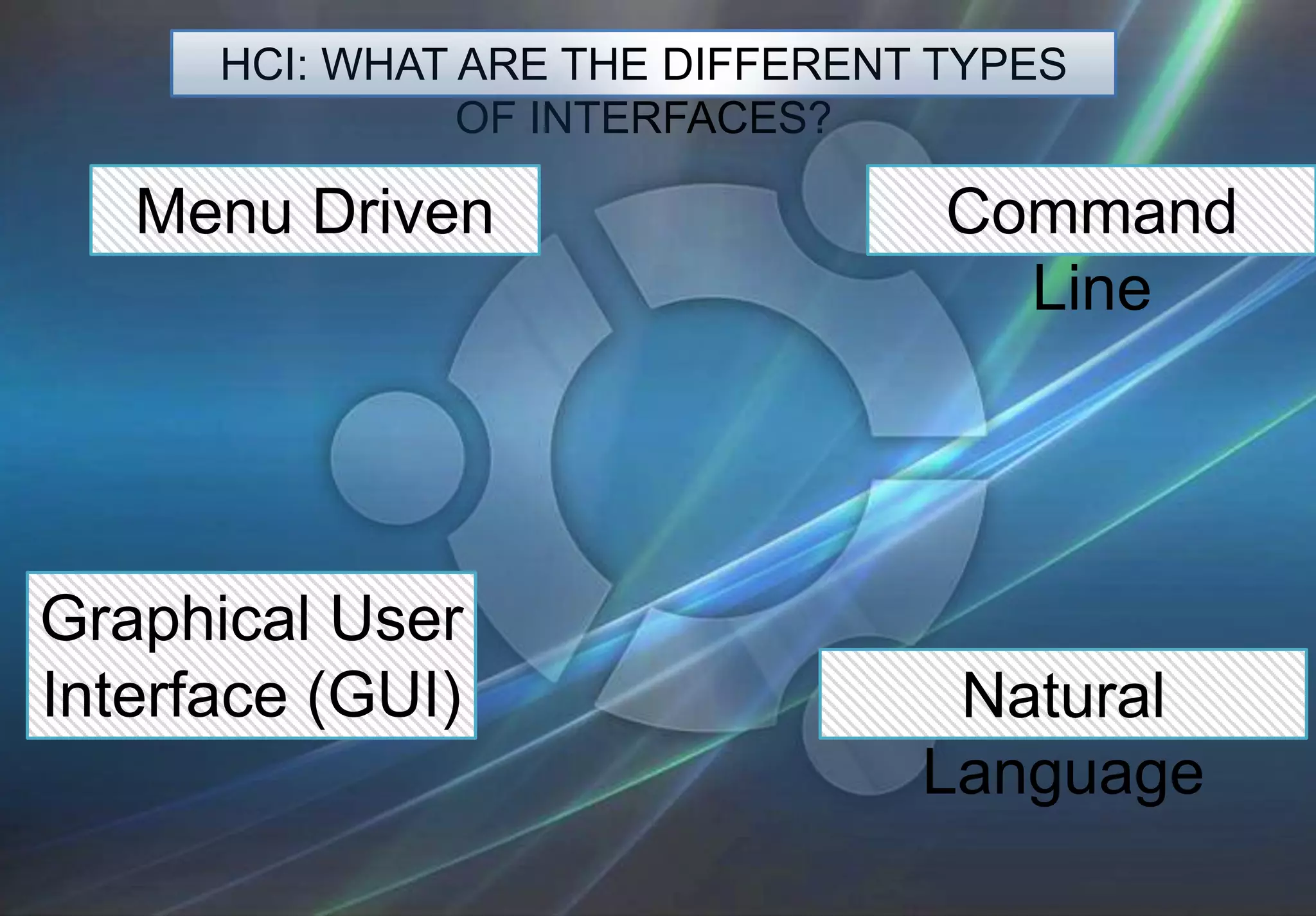 HCI: WHAT ARE THE DIFFERENT TYPES
                OF INTERFACES?

   Menu Driven                    Command
                                    Line




Graphical User
Interface (GUI)                   Natural
                                 Language
 