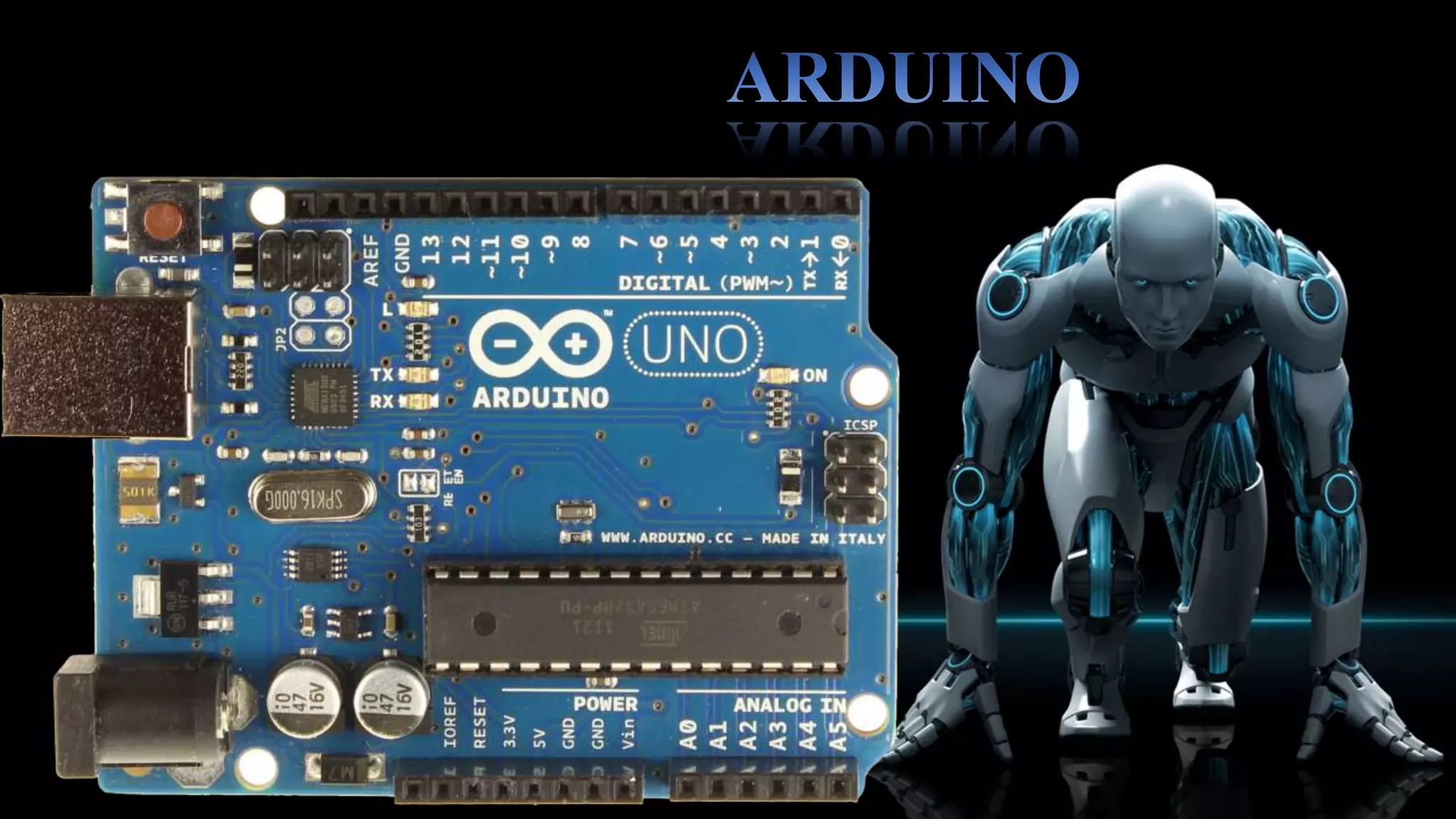 The Arduino can be powered via the USB connection or
with an external power source is selected automatically.
 The operating voltage is 5V.
 It has 14 Digital I/O pins 6 of them providing PWM
outputs.
 It has 6 Analogue input pins.
 
