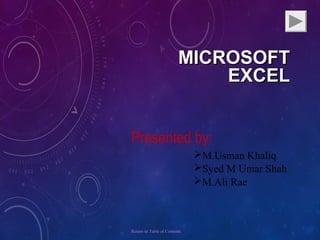Return to Table of Contents
MICROSOFTMICROSOFT
EXCELEXCEL
Presented by:
M.Usman Khaliq
Syed M Umar Shah
M.Ali Rae
 