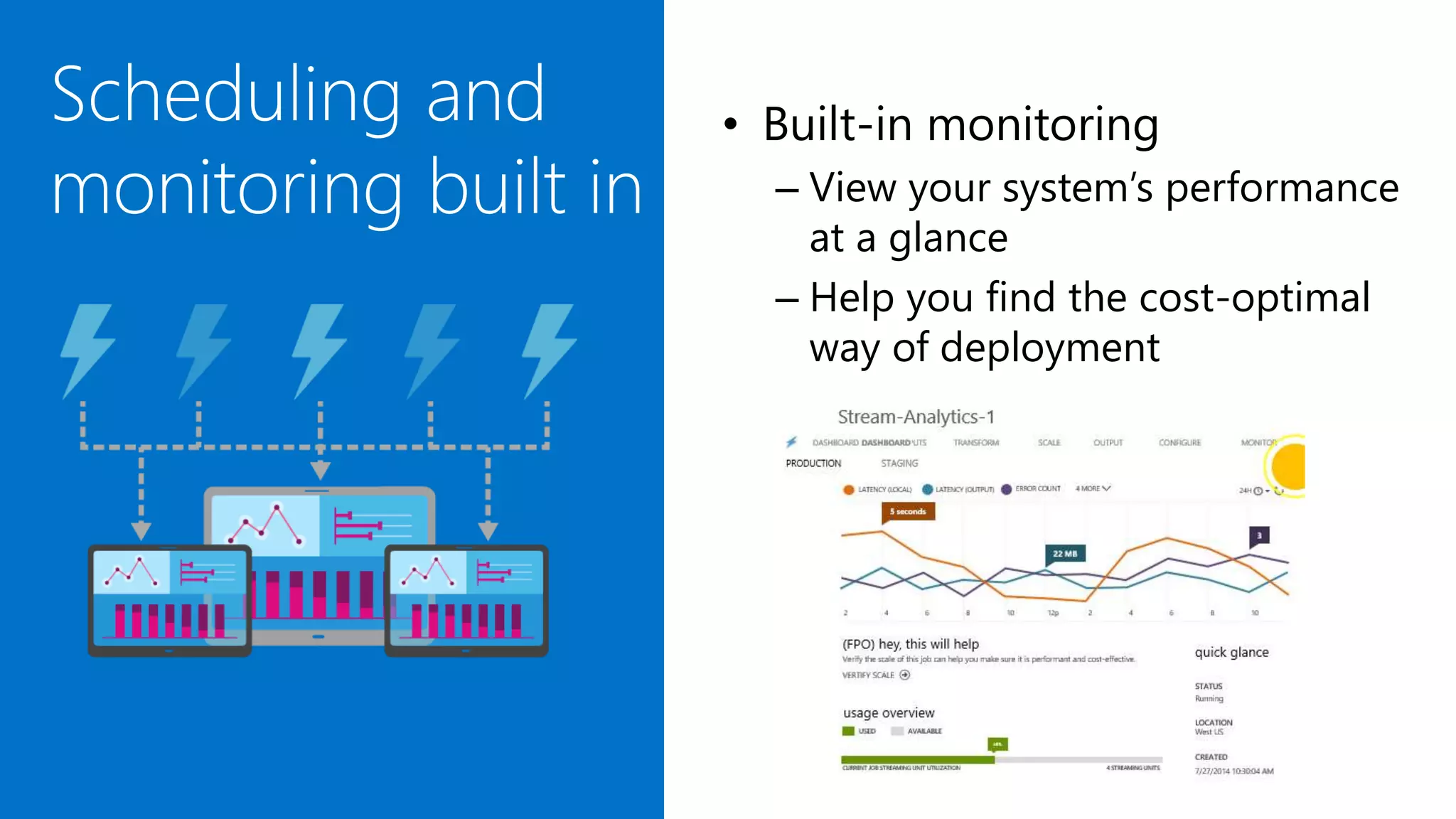 • Built-in monitoring
– View your system’s performance
at a glance
– Help you find the cost-optimal
way of deployment
 