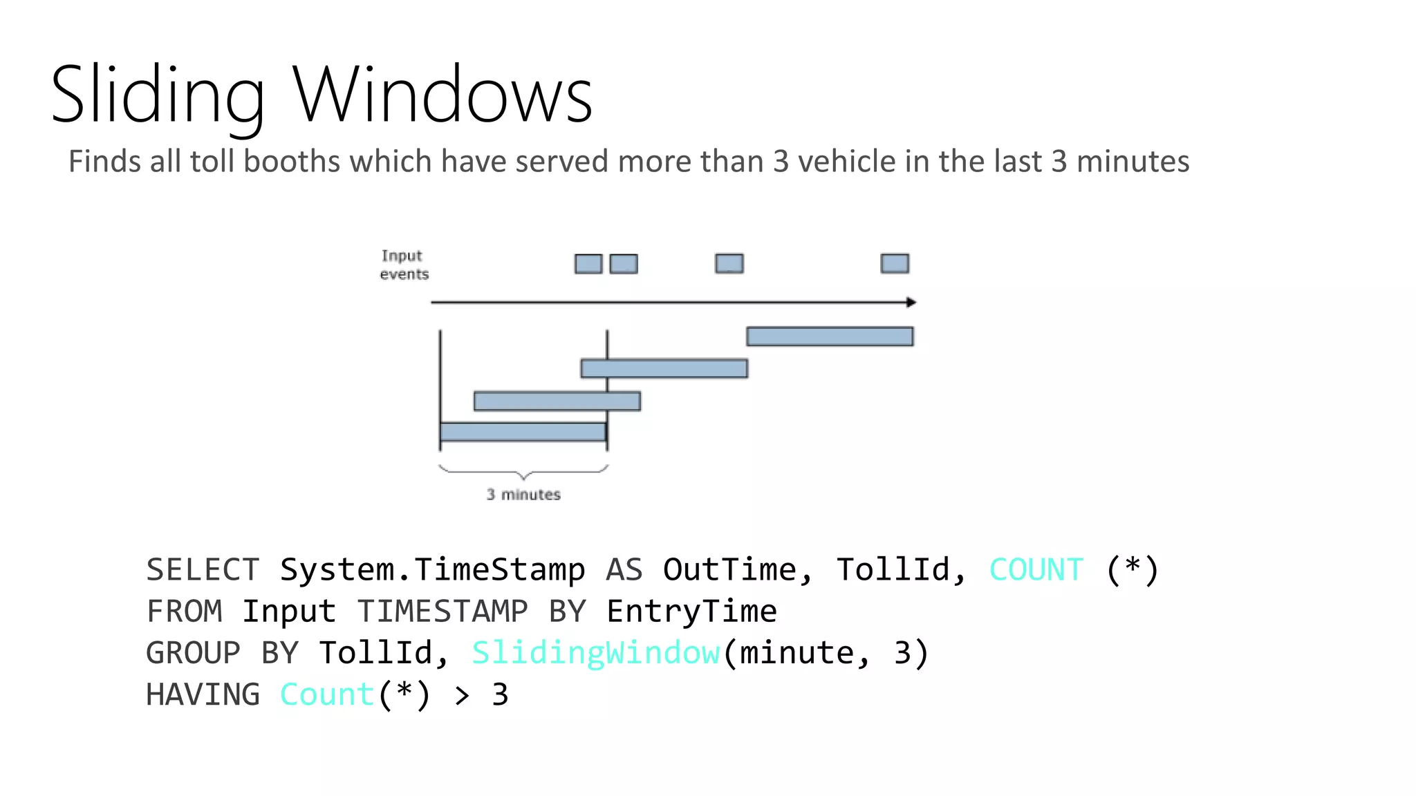 Sliding Windows
SELECT System.TimeStamp AS OutTime, TollId, COUNT (*)
FROM Input TIMESTAMP BY EntryTime
GROUP BY TollId, SlidingWindow(minute, 3)
HAVING Count(*) > 3
Finds all toll booths which have served more than 3 vehicle in the last 3 minutes
 